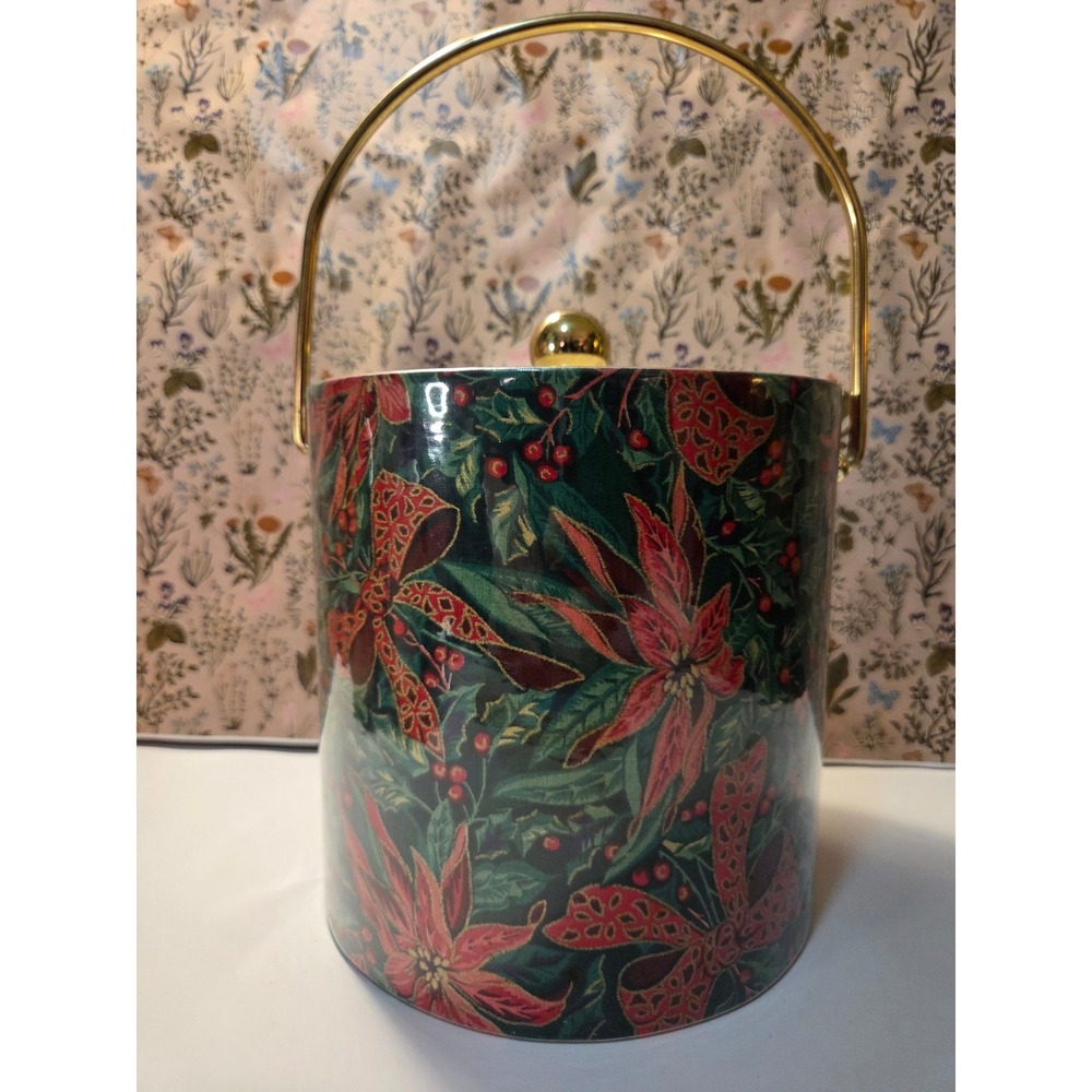 Vintage Kraftware Christmas Poinsettia Ice Bucket with Brass Lid knob and Handle